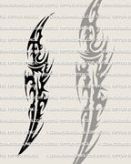 Tribal dagger tattoo stencil design with heavy black fields and curved dagger tip, dagger tribal tattoo artwork in bold black style.