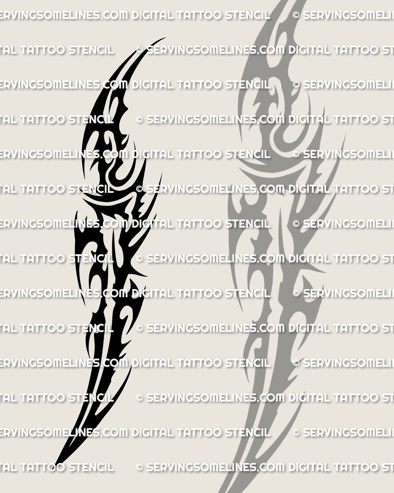 Tribal dagger tattoo stencil design with heavy black fields and curved dagger tip, dagger tribal tattoo artwork in bold black style.