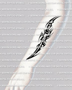 Tribal dagger tattoo shown on forearm placement example, dagger tribal tattoo stencil with curved blade tip and bold tribal fields.
