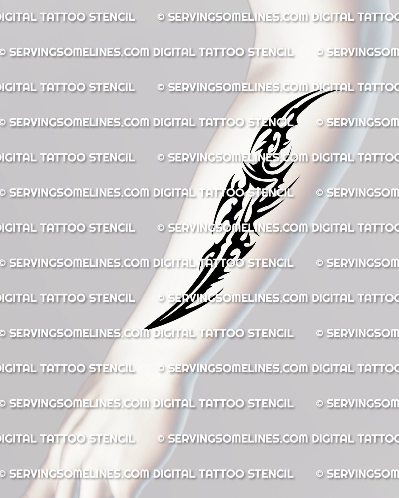 Tribal dagger tattoo shown on forearm placement example, dagger tribal tattoo stencil with curved blade tip and bold tribal fields.