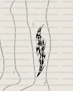 Tribal dagger tattoo displayed on lower leg placement example, dagger tribal tattoo stencil with heavy black fields and sharp taper.