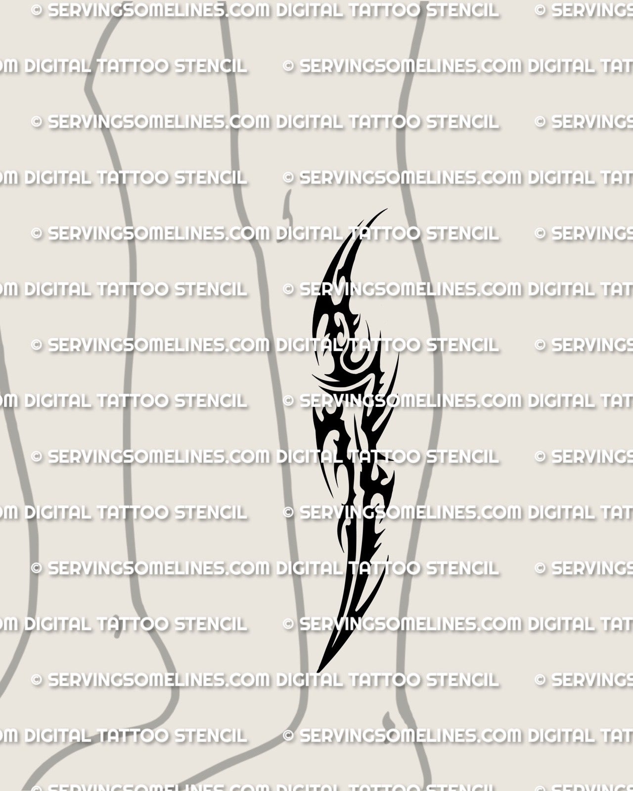 Tribal dagger tattoo displayed on lower leg placement example, dagger tribal tattoo stencil with heavy black fields and sharp taper.