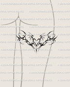 tribal demon black heart tattoo stencil with winged shapes placed on back of thigh forming a dramatic dark accent that follows the leg’s curve