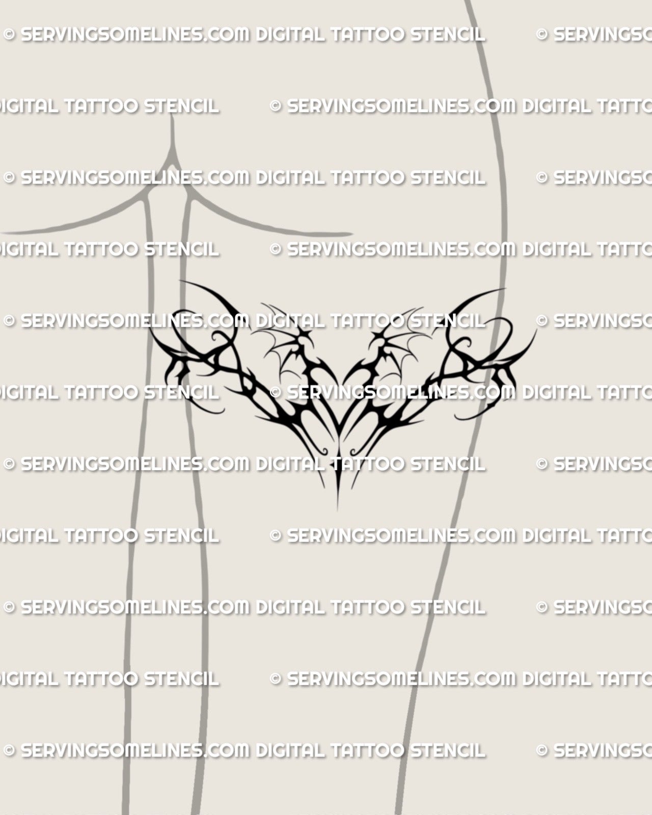 tribal demon black heart tattoo stencil with winged shapes placed on back of thigh forming a dramatic dark accent that follows the leg’s curve