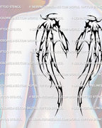 Tribal demonic wings tattoo shown on mannequin, black skeletal wing design with sharp bone detailing for gothic spine backpiece inspiration
