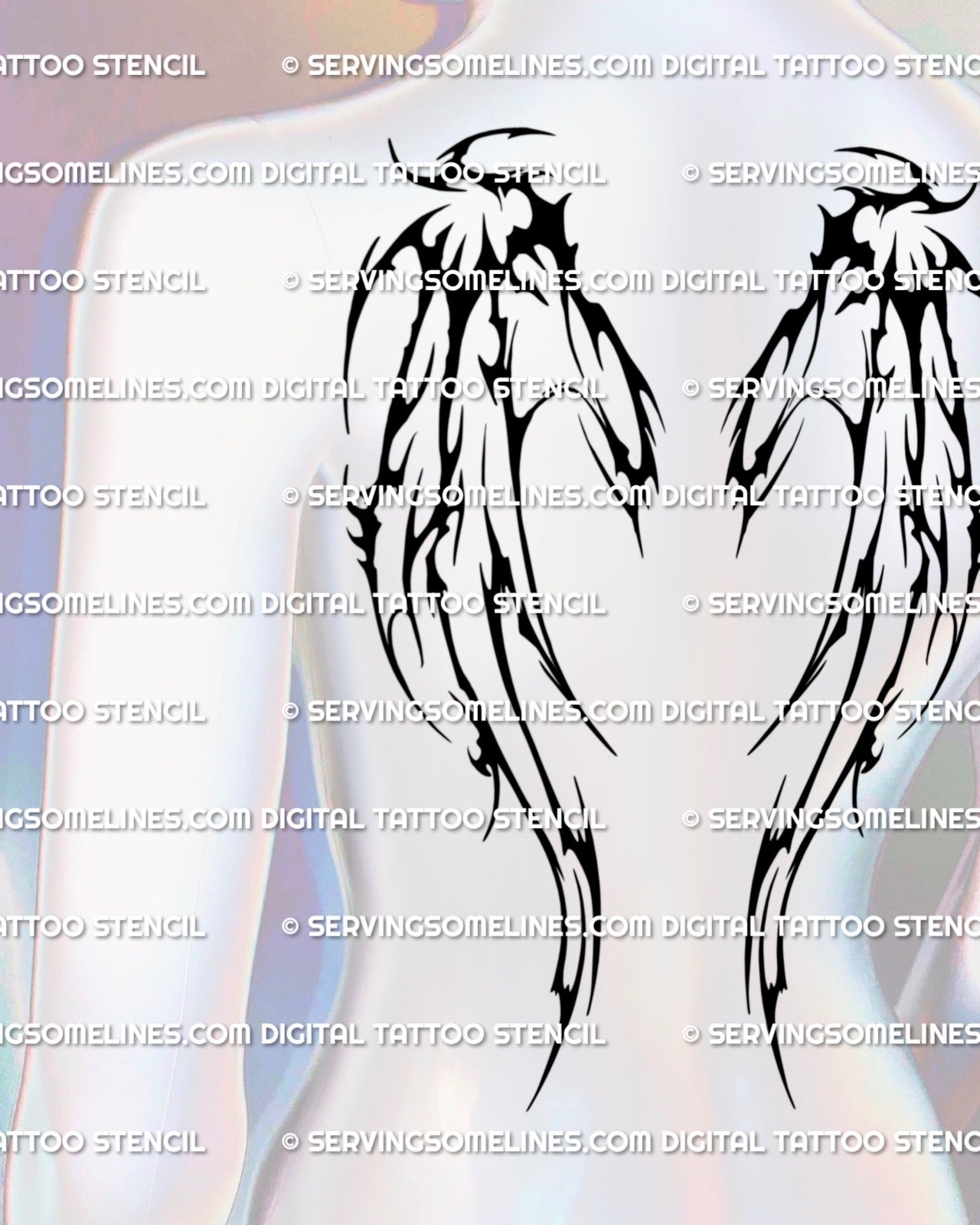 Tribal demonic wings tattoo shown on mannequin, black skeletal wing design with sharp bone detailing for gothic spine backpiece inspiration
