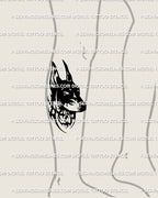 Abstract sharp dog head tattoo placed on the lower leg for a tall silhouette. Gothic blackwork style fitting naturally on calf or shin placement.
