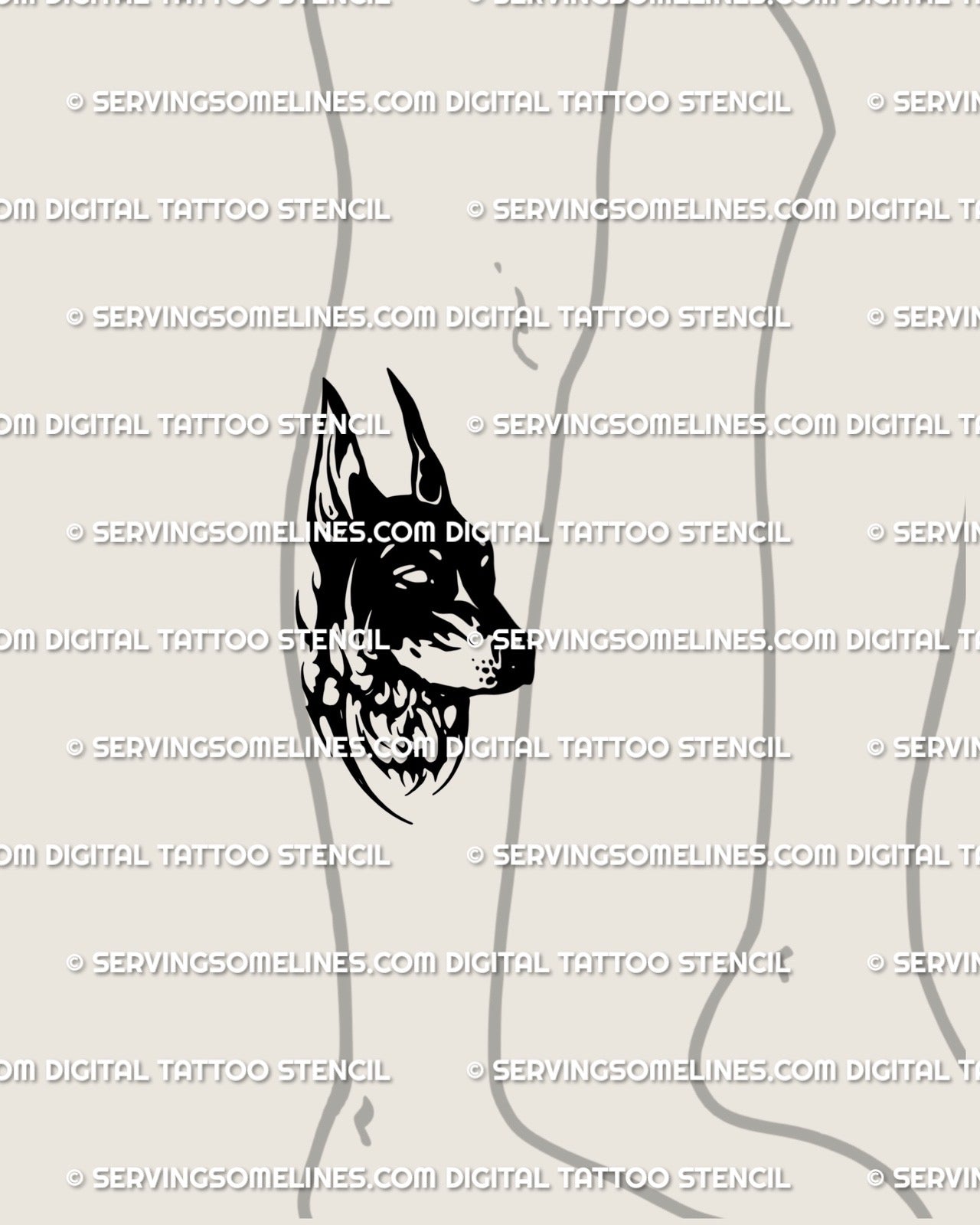 Abstract sharp dog head tattoo placed on the lower leg for a tall silhouette. Gothic blackwork style fitting naturally on calf or shin placement.
