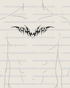 Tribal heart chestpiece tattoo stencil preview on a man’s collarbone, bold black shapes spread across the upper chest for a strong centered look