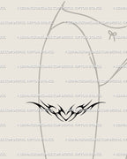 Front thigh tattoo idea featuring neo-tribal heart stencil, abstract flame lines in blackwork cybersigilism for feminine gothic look. 