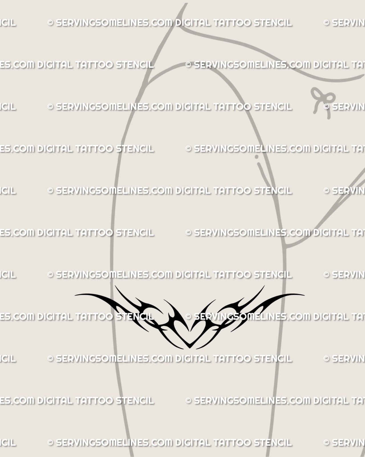 Front thigh tattoo idea featuring neo-tribal heart stencil, abstract flame lines in blackwork cybersigilism for feminine gothic look. 