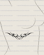 Feminine side breast tattoo preview of tribal heart design, sleek cybersigilism stencil with flame lines and Y2K minimal energy.