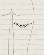 Back of thigh feminine placement display of tribal heart tattoo stencil, ornamental blackwork with flame arcs and Y2K tribal shape. 