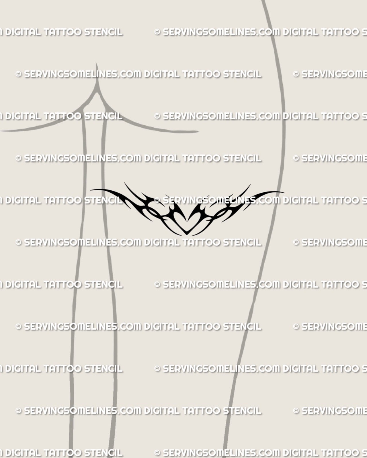 Back of thigh feminine placement display of tribal heart tattoo stencil, ornamental blackwork with flame arcs and Y2K tribal shape. 