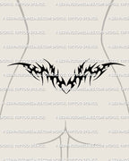 ribal heart tramp stamp design displayed on the lower back as a clean digital stencil preview with sharp neotribal shapes and a soft Y2K inspired flow