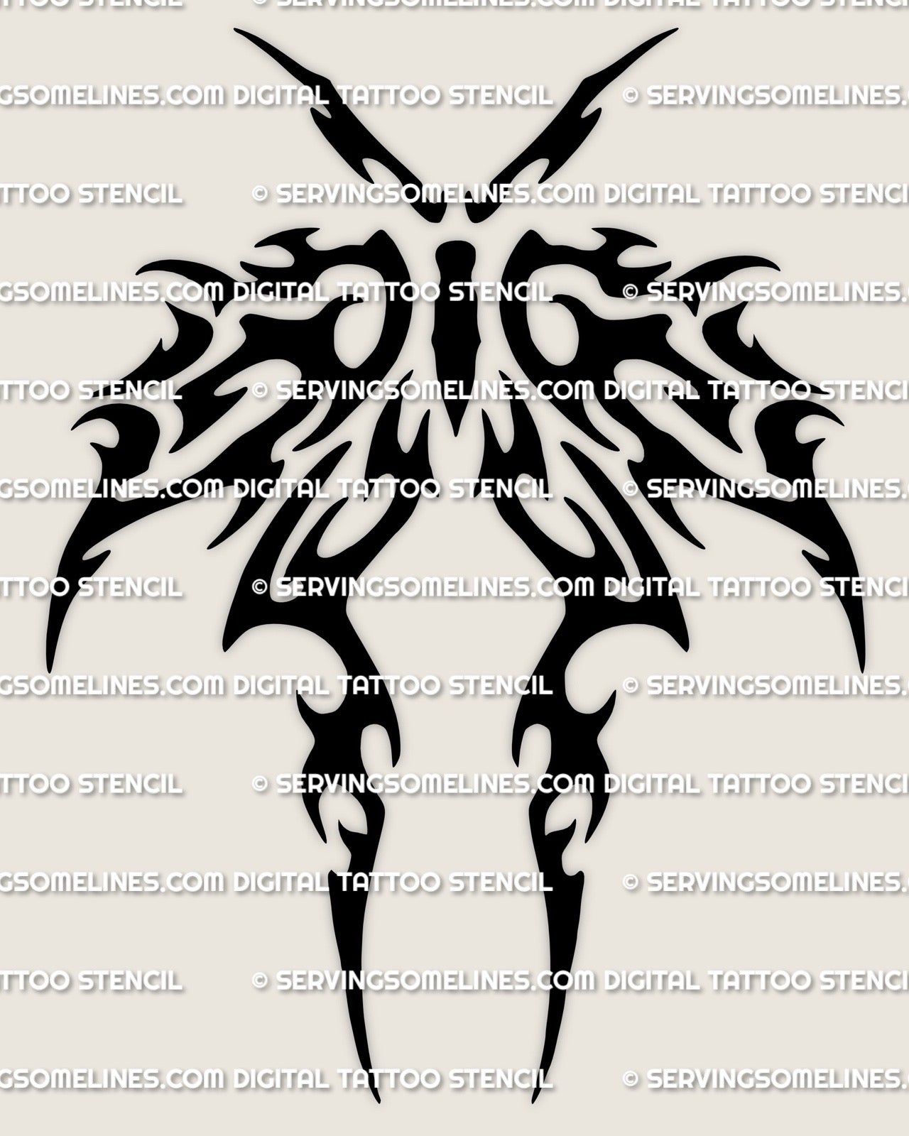 Tribal moth tattoo stencil design with classic tribal wing fields, high contrast moth silhouette for a clean stencil print.