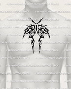 Tribal moth tattoo stencil shown on chest placement example, centered moth silhouette with thick tribal wing shapes.