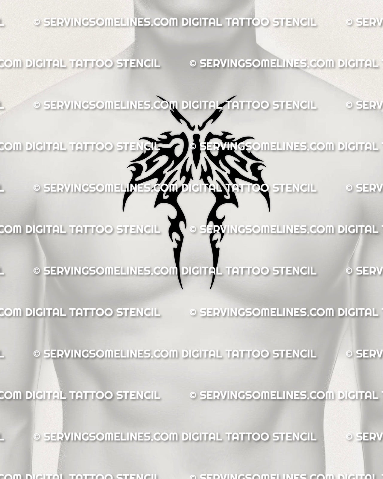 Tribal moth tattoo stencil shown on chest placement example, centered moth silhouette with thick tribal wing shapes.