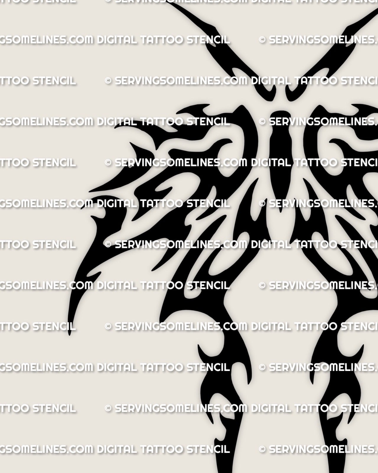 Tribal moth tattoo stencil design, bold modern tribal fields, printable digital download for tattoo stencil transfer.