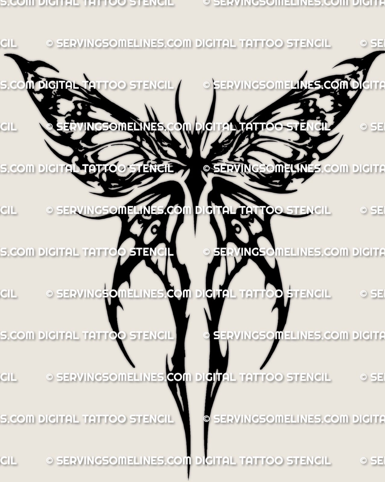 Tribal moth tattoo stencil download with heavy neotribal fields, clear negative cutouts, made for clean transfer, PNG JPG PDF.