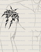 Tribal moth tattoo stencil shown on upper arm placement example, bold wing shape that stays readable at medium size.