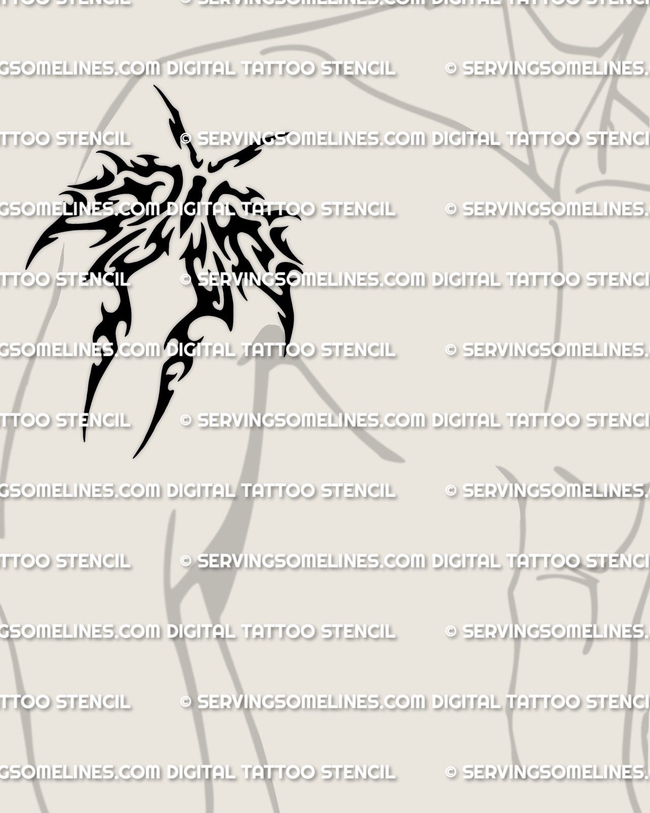 Tribal moth tattoo stencil shown on upper arm placement example, bold wing shape that stays readable at medium size.