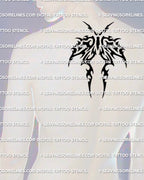 Tribal moth tattoo stencil shown on upper back placement, strong blackwork tribal moth design, instant download files