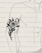 Tribal rose tattoo for men in gothic neotribal style, bold blackwork flower design with thorned blade elements and strong shoulder flow.