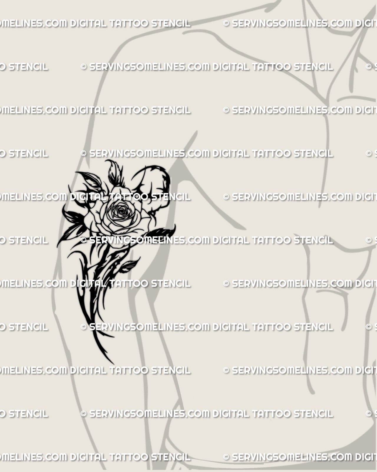 Tribal rose tattoo for men in gothic neotribal style, bold blackwork flower design with thorned blade elements and strong shoulder flow.