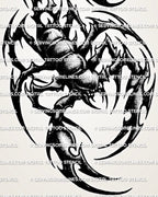 Close view of tribal scorpion tattoo detail with bold black curves, carved body sections, raised claws, and arched tail