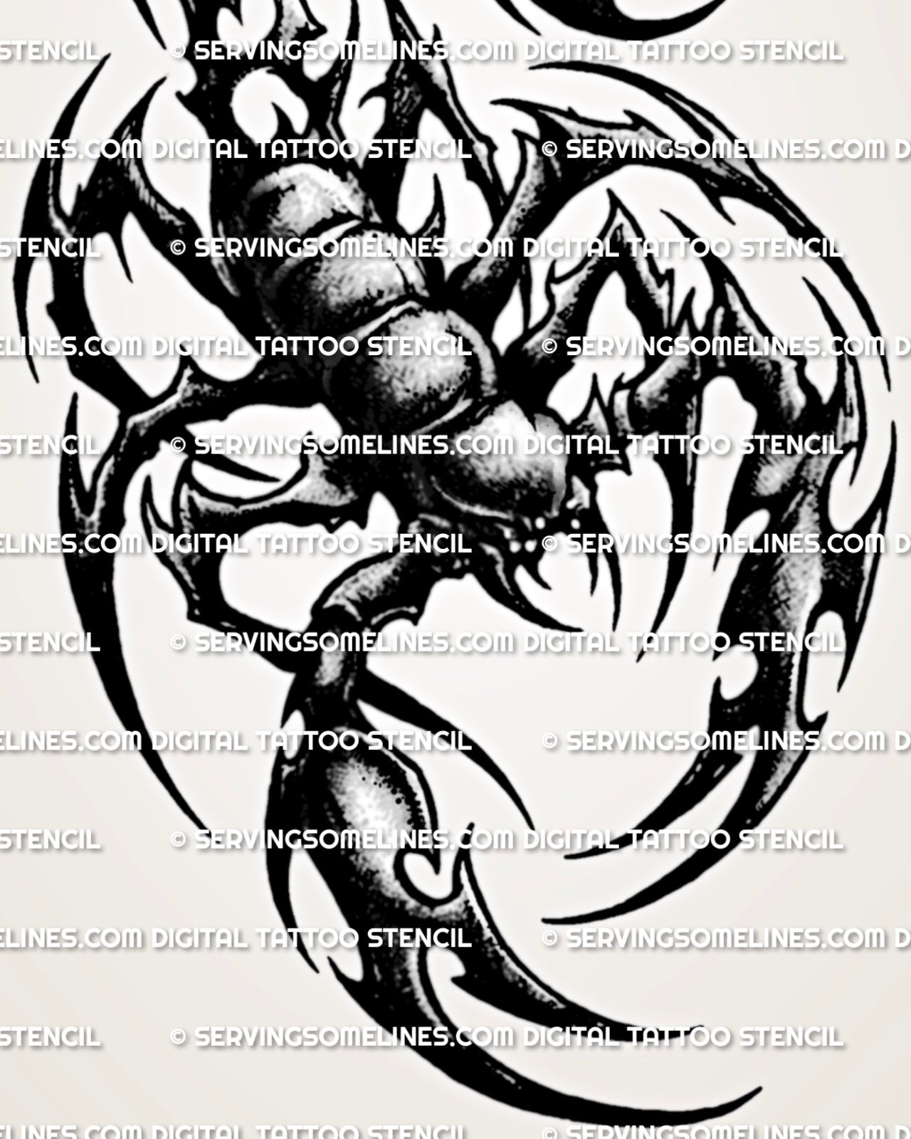 Close view of tribal scorpion tattoo detail with bold black curves, carved body sections, raised claws, and arched tail