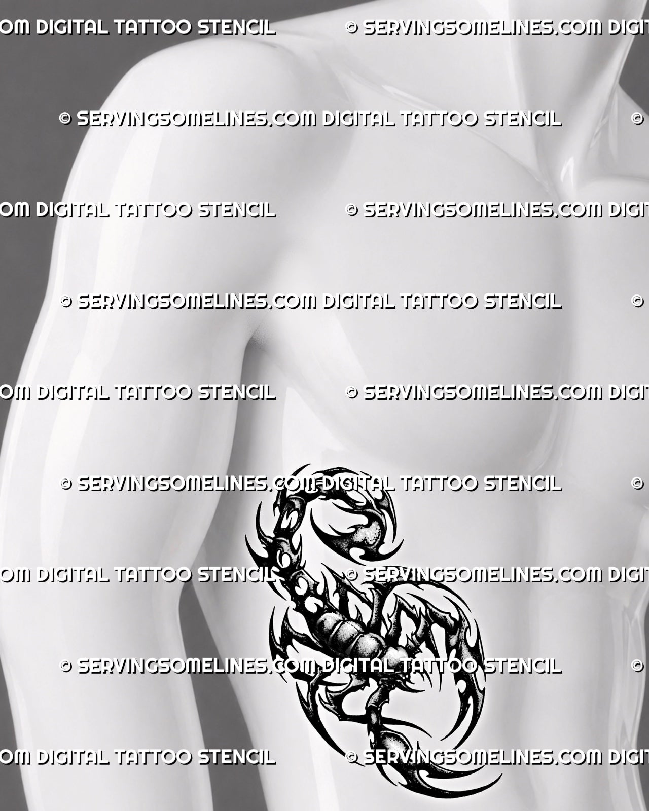 Tribal scorpion tattoo design shown on men’s rib placement with spiked edges, open claws, and a curved stinger.