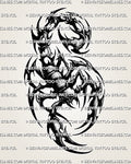 Tribal scorpion tattoo stencil with raised claws, curved tail, spiked edges, and bold black tribal shapes
