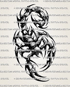 Tribal scorpion tattoo stencil with raised claws, curved tail, spiked edges, and bold black tribal shapes