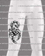 Tribal scorpion tattoo stencil shown on men’s thigh placement with bold claws, curved tail, and dark tribal linework.