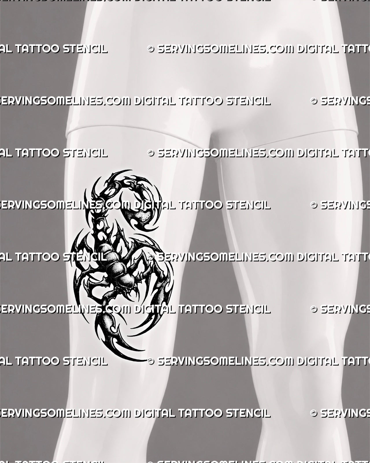 Tribal scorpion tattoo stencil shown on men’s thigh placement with bold claws, curved tail, and dark tribal linework.