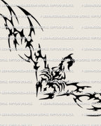 Main design view of a tribal scorpion waist tattoo stencil, with open claws, black shaping, and a wide lower back fit.