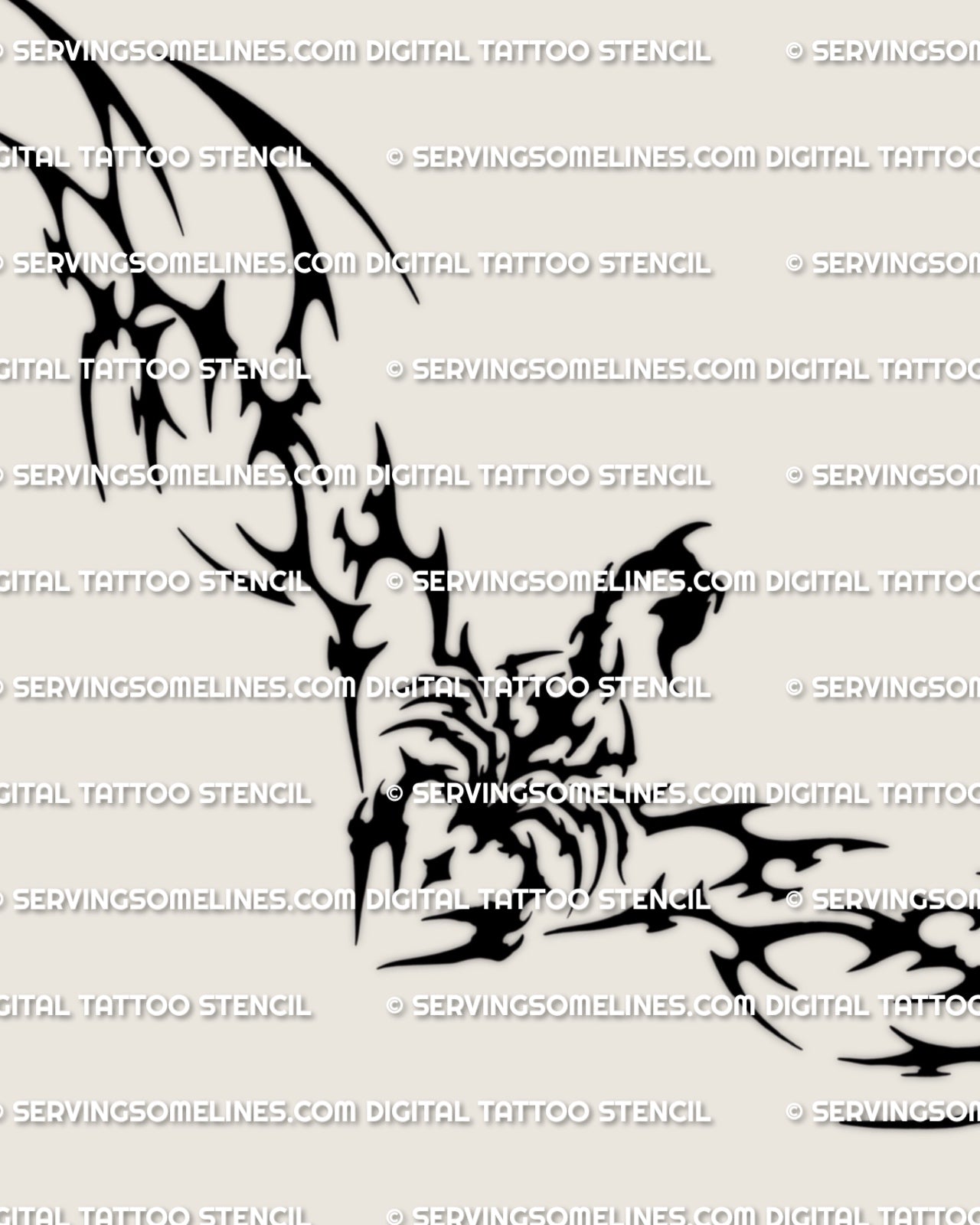 Main design view of a tribal scorpion waist tattoo stencil, with open claws, black shaping, and a wide lower back fit.