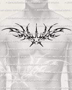 Tribal star sternum tattoo shown on men’s chest placement with a centered star and wide neotribal chest spread