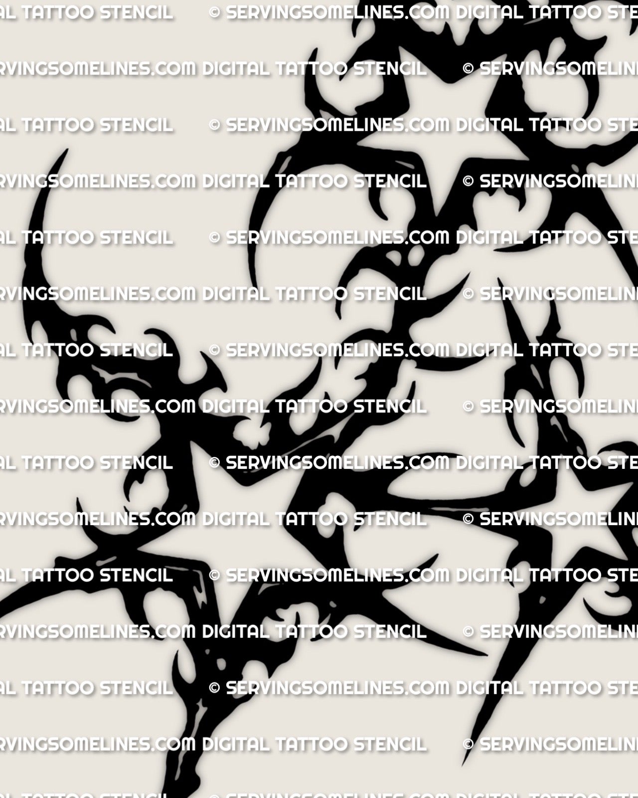 Tribal stars tattoo, neotribal 3 star set, solid black shapes with negative space, stencil-ready PNG, JPEG, PDF for tattoo placement.