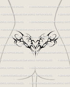 succubus inspired blackwork heart design placed on womens lower back creating a sharp dark aesthetic across the waistline