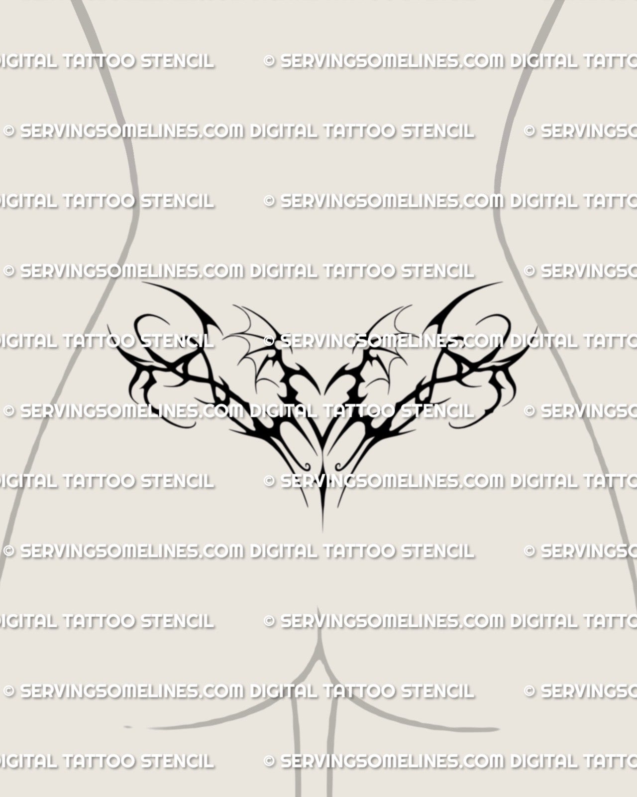 succubus inspired blackwork heart design placed on womens lower back creating a sharp dark aesthetic across the waistline