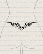 Tribal tramp stamp tattoo design with a low wide layout, solid black tribal spread, and a subtle heart-shaped center