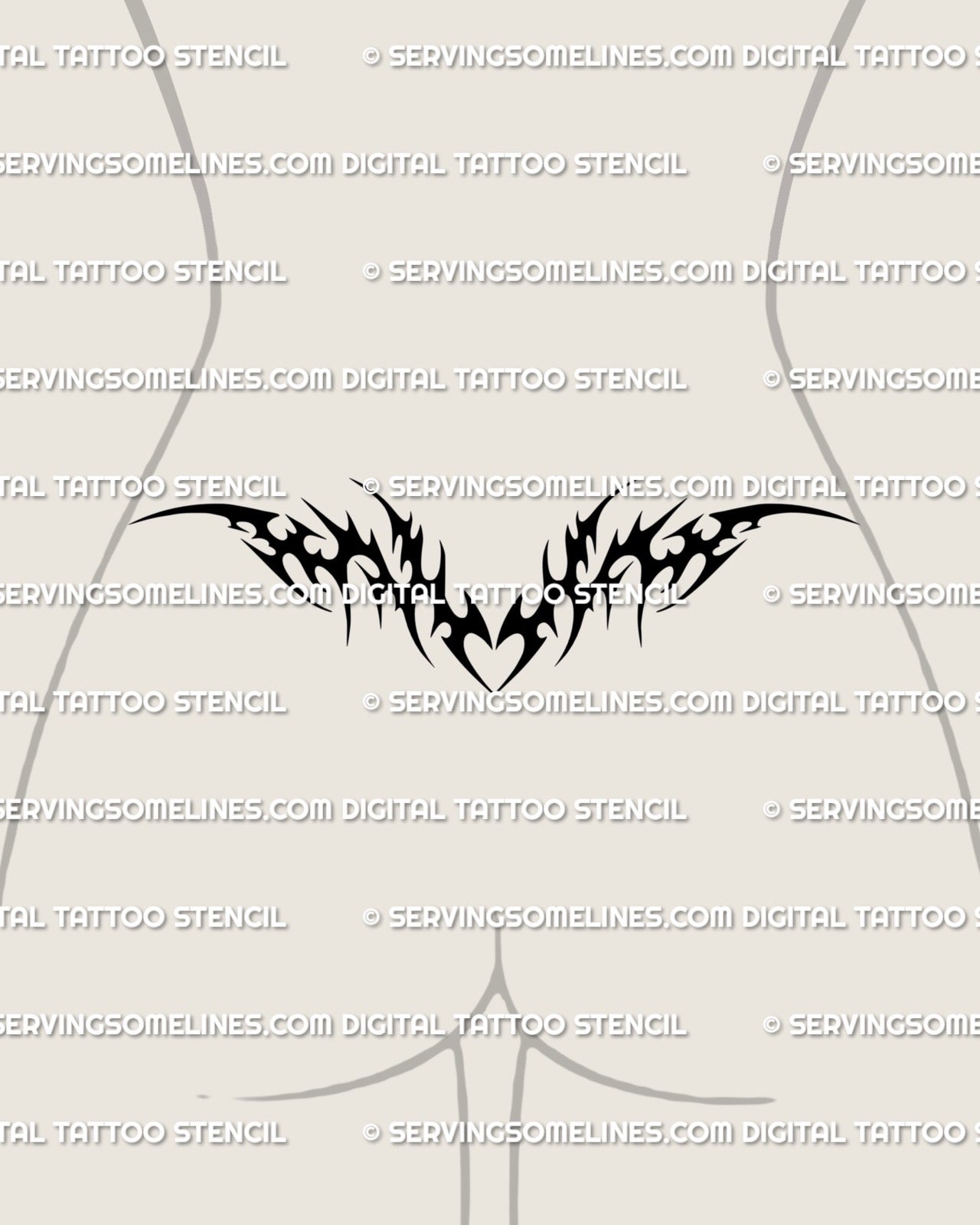 Tribal tramp stamp tattoo design with a low wide layout, solid black tribal spread, and a subtle heart-shaped center