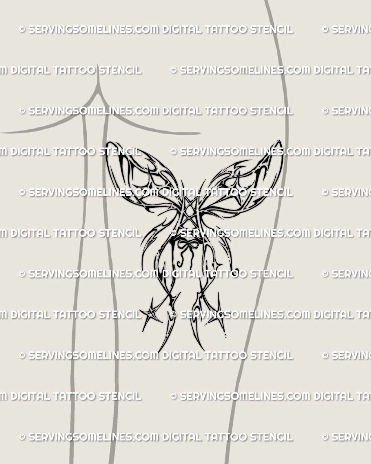 Tribal wings tattoo stencil shown on feminine back of the thigh placement with an ornamental centered wing design