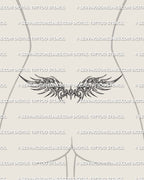 Tribal wings tramp stamp tattoo stencil displayed on low waist placement with wide wing spread and sharp tribal detail