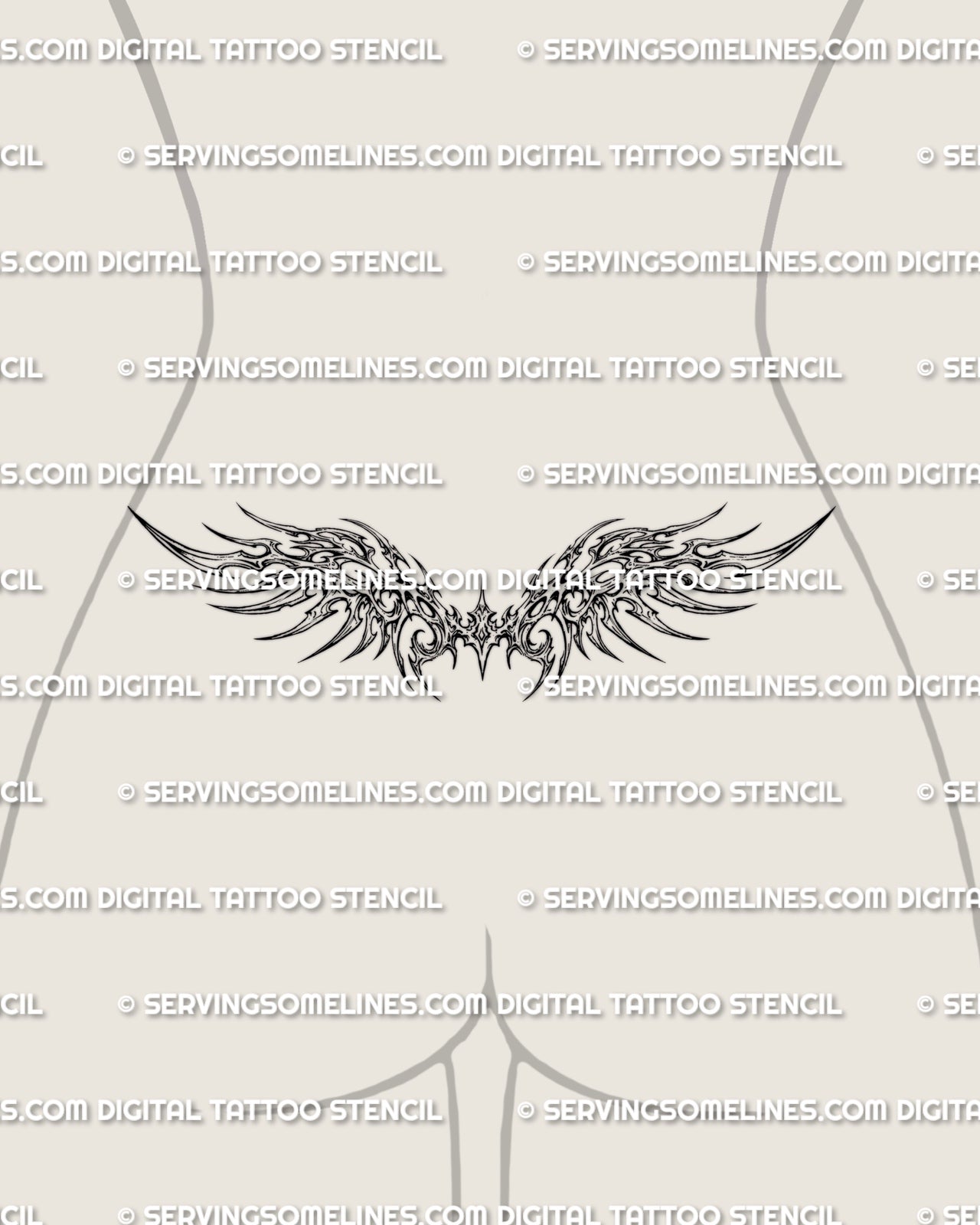 Tribal wings tramp stamp tattoo stencil displayed on low waist placement with wide wing spread and sharp tribal detail