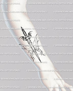 Tribal fairy tattoo art on the forearm, winged dagger vibe, clean black linework with heart detail, modern cybersigilism aesthetic.