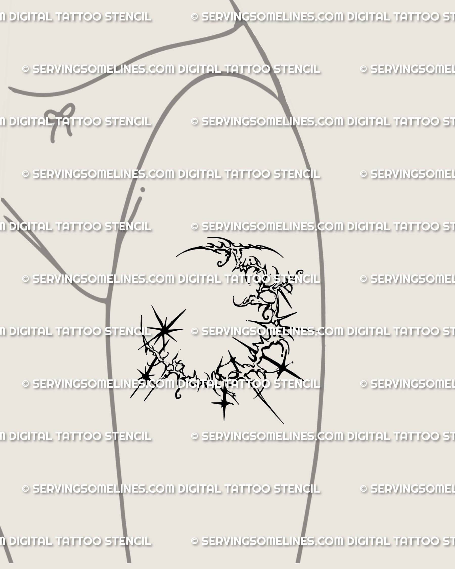 Tribal moon tattoo design placed on thigh, crescent and star elements drawn in gothic cybersigilism style.
