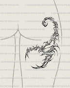 Tribal scorpion tattoo reimagined for gothic alt style, placed on back of the thigh, blending defensive symbolism with abstract ornamental line art.